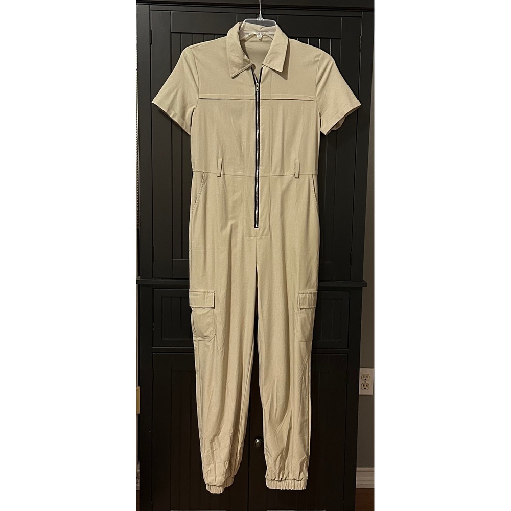 JumpSuit Large Beige Utility Zip Front Cargo Workwear Minimalist Modern